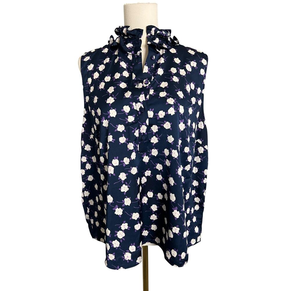 J.Crew Blouse Womens XXL Blue Floral Sleeveless Ruffle High Neck Top Boho